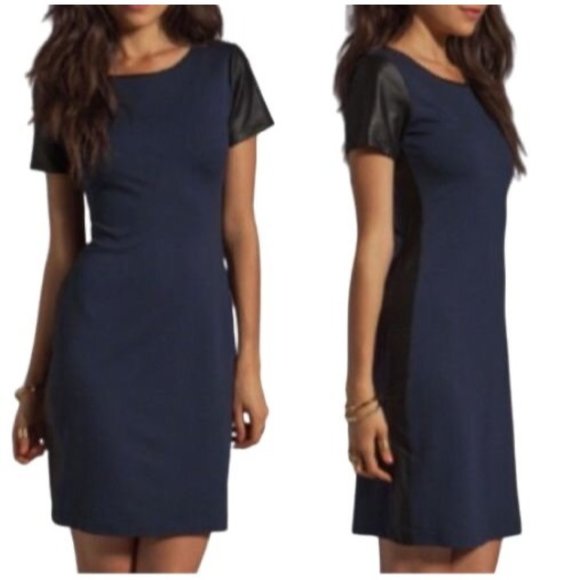 Theory Dresses & Skirts - Theory Leilana Leather Trim Shift Dress Womens 10 Navy Blue Black Leather